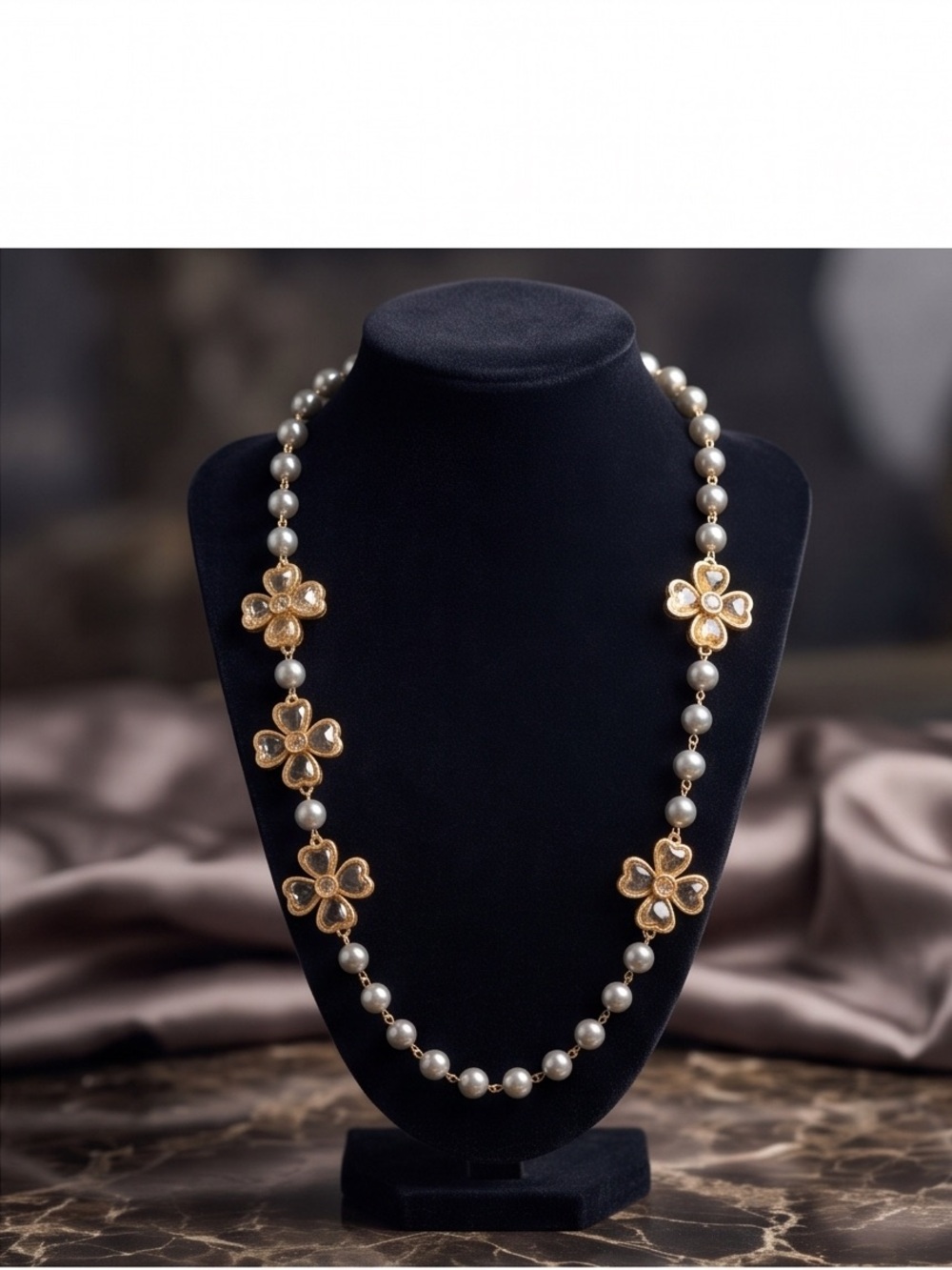 Gold Floral Accent Pearl Necklace - White Pearls